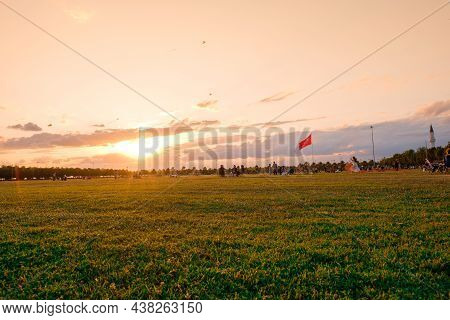 Maltepe, Istanbul, Turkey - 07.23.2021: Sunset View Of Large Grass Field Of Orhangazi City Park (seh