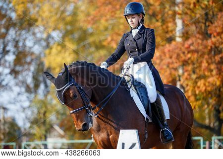 Teenage Girl Riding Horse On Equestrian Dressage Test In Autumn