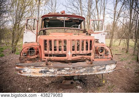 Old Rusty Abandoned Soviet Fire Truck In Chernobyl Exclusion Zone
