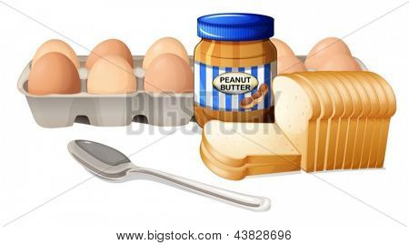 Ilustración de un pan con mantequilla de maní y huevos sobre un fondo blanco