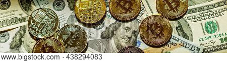 Golden Bitcoin Lies On The Banknotes.new Virtual Money. Crypto Currency Top View. Real Coins Of Bitc