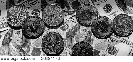 Golden Bitcoin Lies On The Banknotes.new Virtual Money. Crypto Currency Top View. Real Coins Of Bitc
