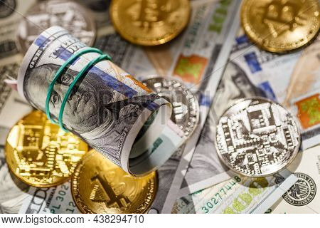 Golden Bitcoin Lies On The Banknotes.new Virtual Money. Crypto Currency Top View. Real Coins Of Bitc