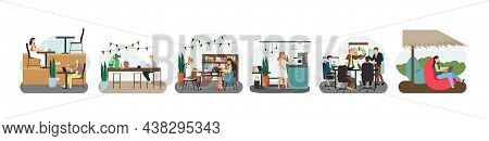 Coworking Space Scene Set. Freelancers, Remote Teams Sharing Open Common Office Space. Modern Shared
