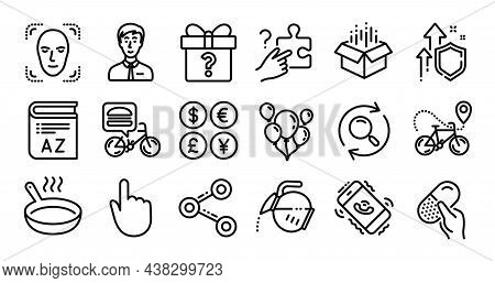 Businessman Person, Frying Pan And Coffee Pot Line Icons Set. Secure Shield And Money Currency Excha