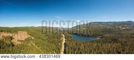 Aerial View Of Crowsnest Hwy, Highway 3, During A Sunny Summer Day. Interior British Columbia, Canad