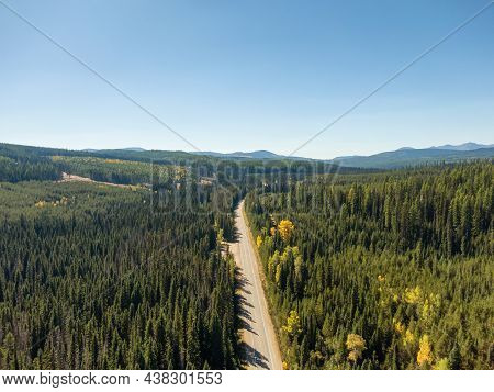Aerial View Of Crowsnest Hwy, Highway 3, During A Sunny Summer Day. Interior British Columbia, Canad