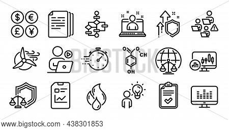 Chemical Formula, Magistrates Court And Copy Documents Line Icons Set. Secure Shield And Money Curre