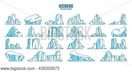 Floating Icebergs Sketch Collection. Drifting Arctic Glacier, Block Of Frozen Ocean Water. Icy Mount