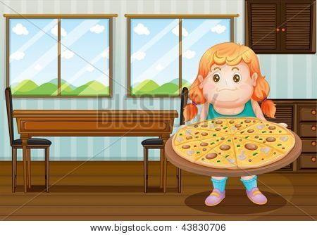 Ilustración de una chica gorda sosteniendo un círculo de pizza