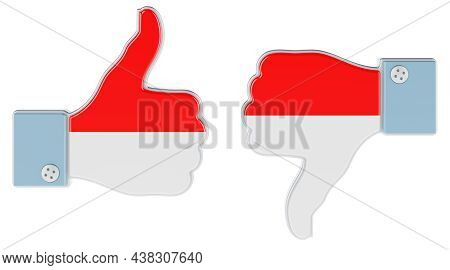 Indonesian, Monacan Flag Painted On The Hand With Thumb Up And Thumb Down. Like And Dislike In Indon