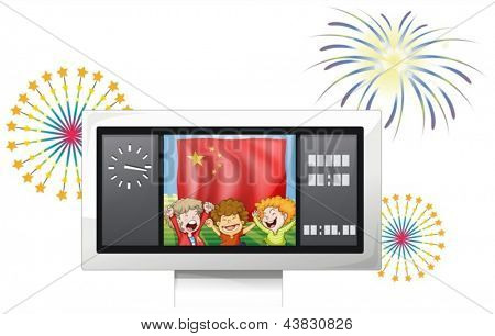 Illustration d'un tableau de bord avec le drapeau de la Chine et les trois enfants heureux sur fond blanc