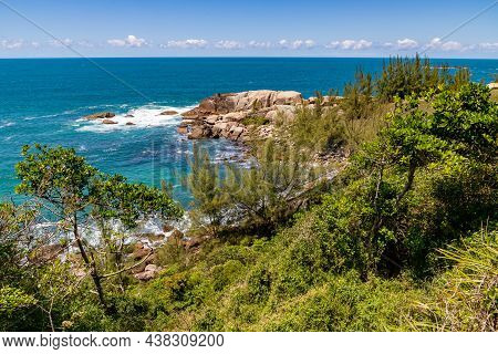 Cliff Rocks With Vegetation And Waves
