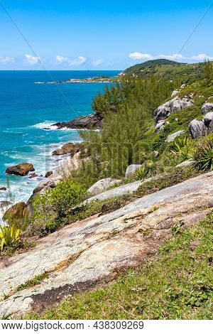 Beach View With Waves, Rocks And Vegetation
