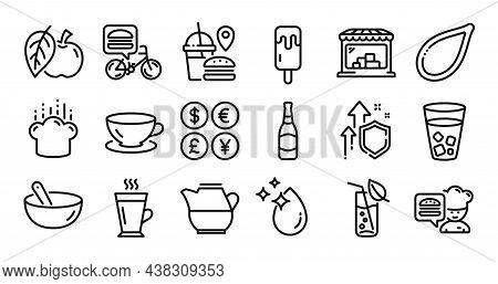 Chef, Apple And Market Line Icons Set. Secure Shield And Money Currency Exchange. Espresso, Cooking 