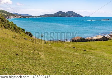 Beach View With Fisherman Houses And Vegetation, Praia Do Ouvidor, Garopaba, Santa Catarina, Brazil