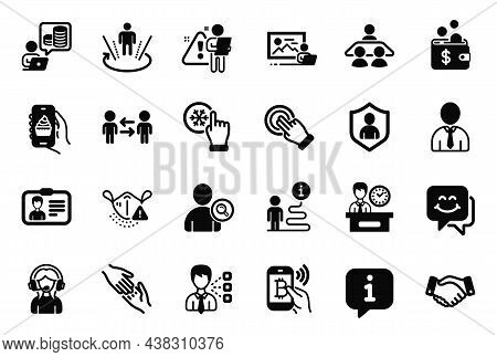 Vector Set Of People Icons Related To Touchscreen Gesture, Employees Handshake And Security Icons. S