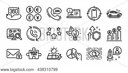Stars, Startup And Car Line Icons Set. Secure Shield And Money Currency Exchange. Solar Panels, Arti