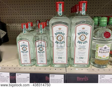 A Display Of Bottles Of Bombay Dry Gin  At A Binneys Liqour Store In Springfield, Illinois.