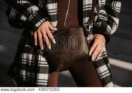 Outdoor Fashion Portrait Of Young Fashionable Girl Wearing Trendy Checkered Shirt, Solid Long Sleeve