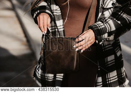 Outdoor Fashion Portrait Of Young Fashionable Girl Wearing Trendy Checkered Shirt, Solid Long Sleeve
