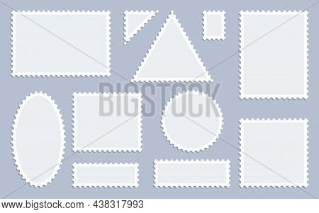 Blank Postage Stamps In Flat Style Icon Set. Collection Perforated Sticker. Template Paper Mark With