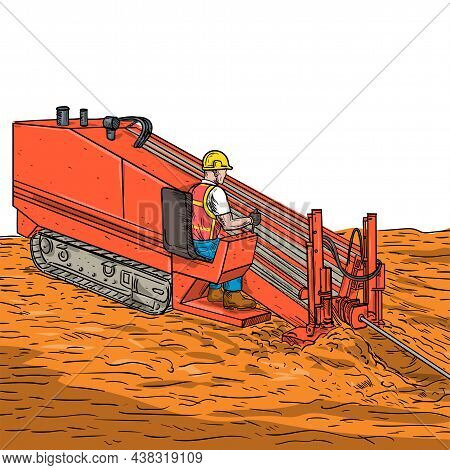 Drawing Sketch Style Illustration Of A Horizontal Directional Drilling Drill Rig And A Construction 