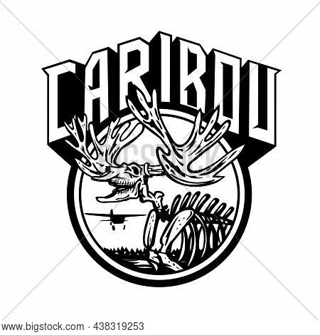Retro Style Illustration Of Caribou, Rangifer Tarandus Or Reindeer Skull Skeleton Roaring With Airpl