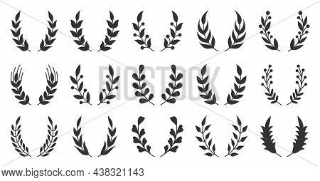 Natural Wreath Leaf Winner Black Silhouette Set. Plant Pattern Award Success. Heraldic Vintage Badge