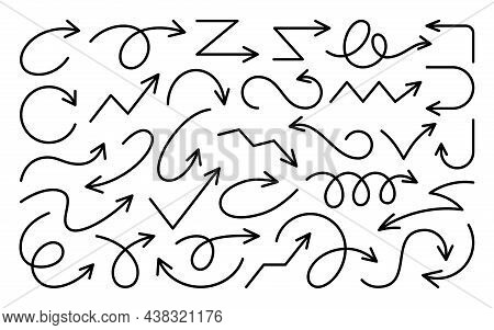 Arrow Hand Drawn Different Shape Direction Black Line Set. Selection Sketch And Path Indicator. Flex