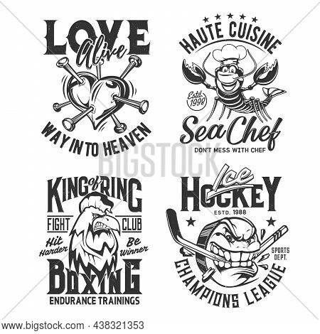 T Shirt Prints, Sport Club League, Heart, Ice Hockey And Boxing, Vector. Fighting Club Team And Cham