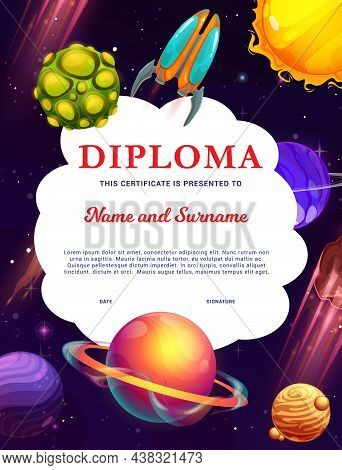 Space Rockets In Fantastic Universe Galaxy, Sun, Asteroids And Space Planets, Vector Kids Diploma. S