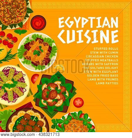 Egyptian Cuisine Menu Cover Template. Lamb With Prunes, Stuffed Rolls And Meatballs, Stew With Cumin