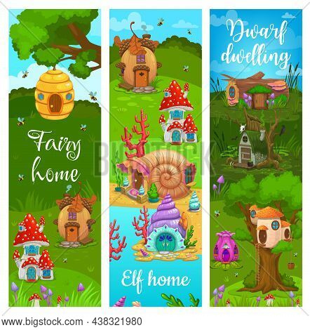 Dwarf, Elf And Fairy Cartoon Dwellings And Houses. Vector Banners With Fantasy Buildings Acorn, Stum