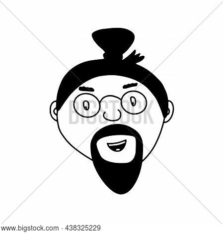 Doodle Bearded Man. Hand-drawn Outline Human In Round Glasses Isolated On White Background. Funny Sm
