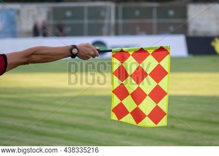 Soccer Referee Hold The Flag. Offside Trap