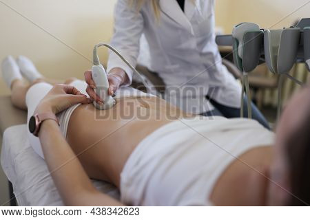 Close-up Of Gynecologist Doing Ultrasound Scan In Modern Clinic, Doctor In White Lab Coat Examining 