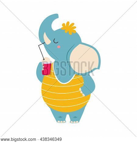 Cute African Elephant Animal In Striped Sweatshirt Drinking Cocktail With Straw Enjoying Hot Summer 