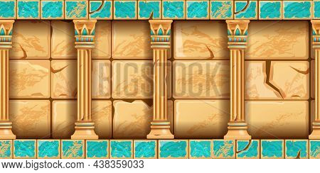 Egypt Temple Interior, Ancient Cracked Stone Wall, Seamless Rock Tomb Column Background, Pyramid Hal
