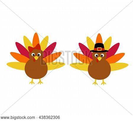 Vector Illustration Of Thanksgiving Turkey Isolated On White Background. Simple Flat Turkey For Kids