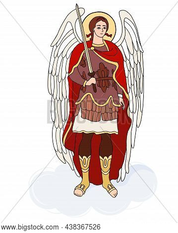Protector And Warrior Archangel Michael In Armor With Sword. Vector Illustration. Hand Drawing Icon 