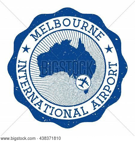 Melbourne International Airport Stamp. Airport Of Melbourne Round Logo With Location On Australia Ma