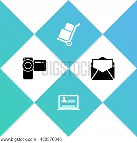 Set Cinema Camera, Laptop With Resume, Hand Truck And Boxes And Mail E-mail Icon. Vector