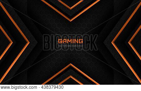 Futuristic Black And Orange Abstract Gaming Banner Design Template With Hexagon Carbon Fiber. Dark T