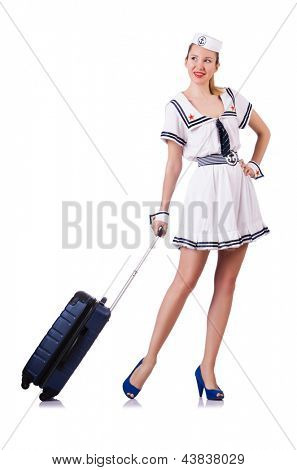 Airhostess กับกระเป๋าบนพื้นสีขาว