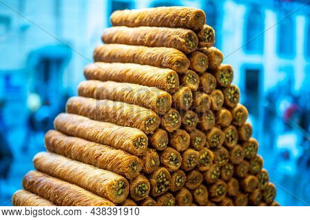 Traditional Oriental Sweets Baklava With Nuts. Juicy Sweetness, Honey Baklava. Traditional Oriental 