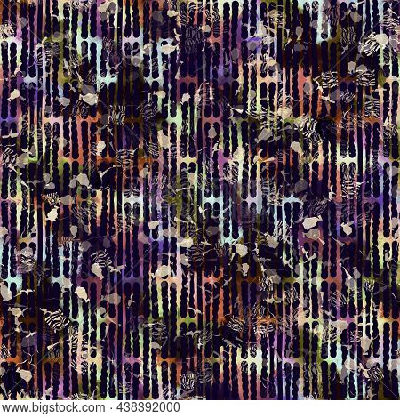 Exotic Multicoloured Boho Stripe Line Print. Seamless Autumnal Dark Ground Detailed Repeat Pattern. 