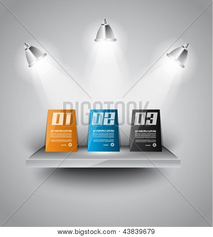infografica carta pannelli sopra una mensola moderna con faretti led. Delicate luci e ombre.