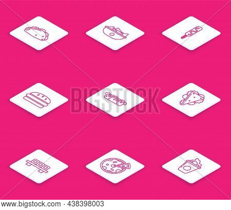 Set Line Taco With Tortilla, Nachos In Plate, Ice Cream, Burger, Hotdog Sandwich Mustard, Sandwich, 