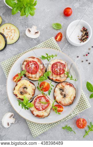 Eggplant Pizza With Tomatoes Sauce, Mozzarella, Mushrooms And Fresh Basil. Vegetarian Dish. Selectiv